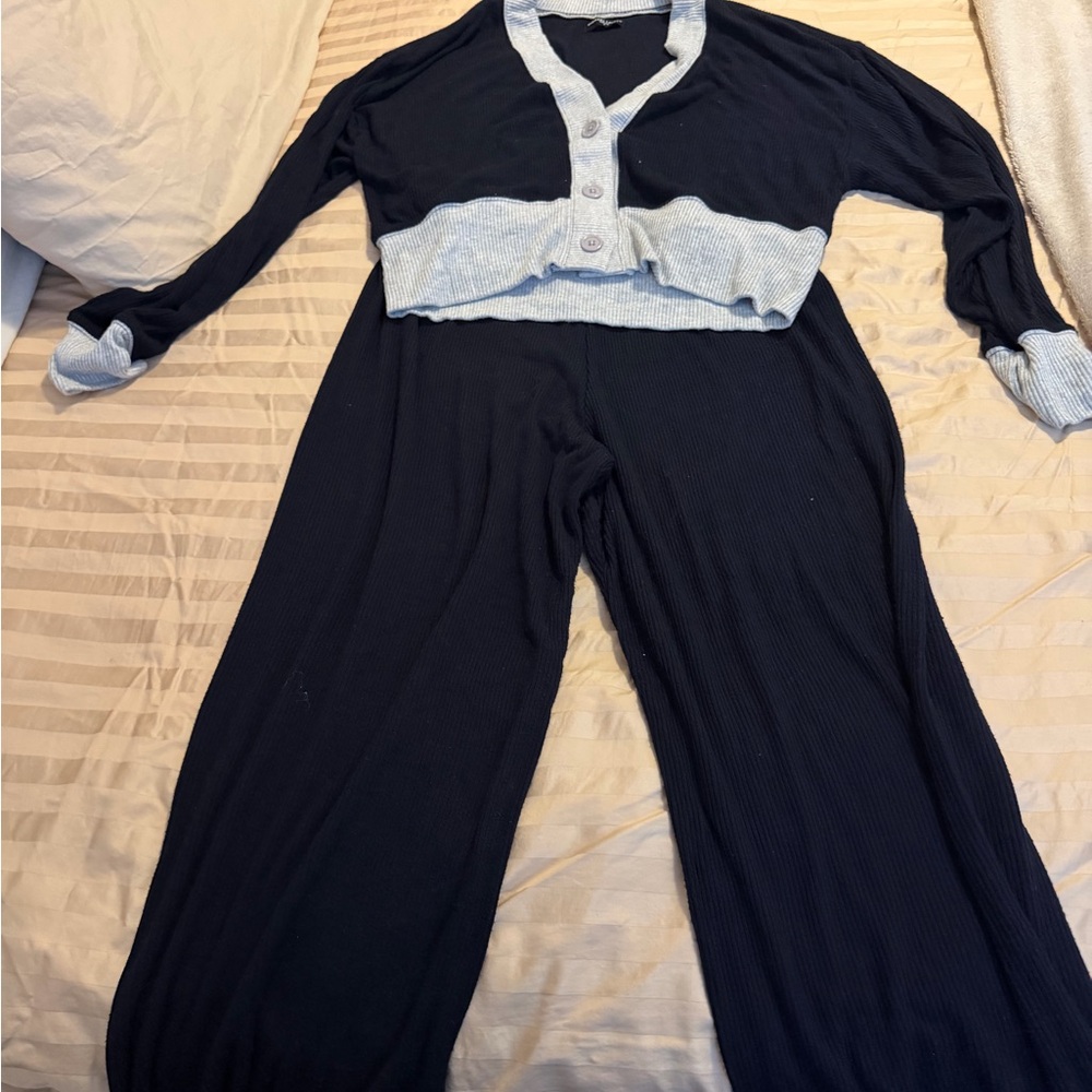 Michael Lauren Two-Piece Ribbed Lounge Set in Black with Heather Gray Trim